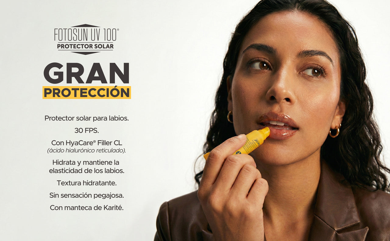 Bálsamo labial Potector Solar Gloss Fotosun UV100 FPS 30 HyaCare® Filler CL Textura hidratante no pegajosa
