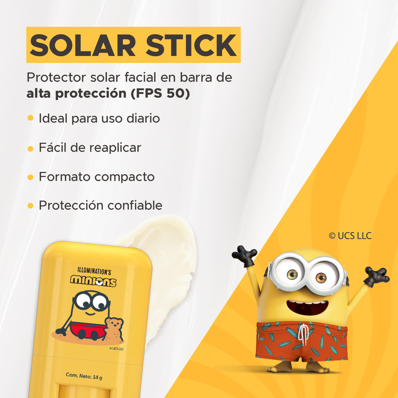 Barra Solar MINIONS Stick   FOTOSUN UV 100  FPS 50+ KIDS  14 GR